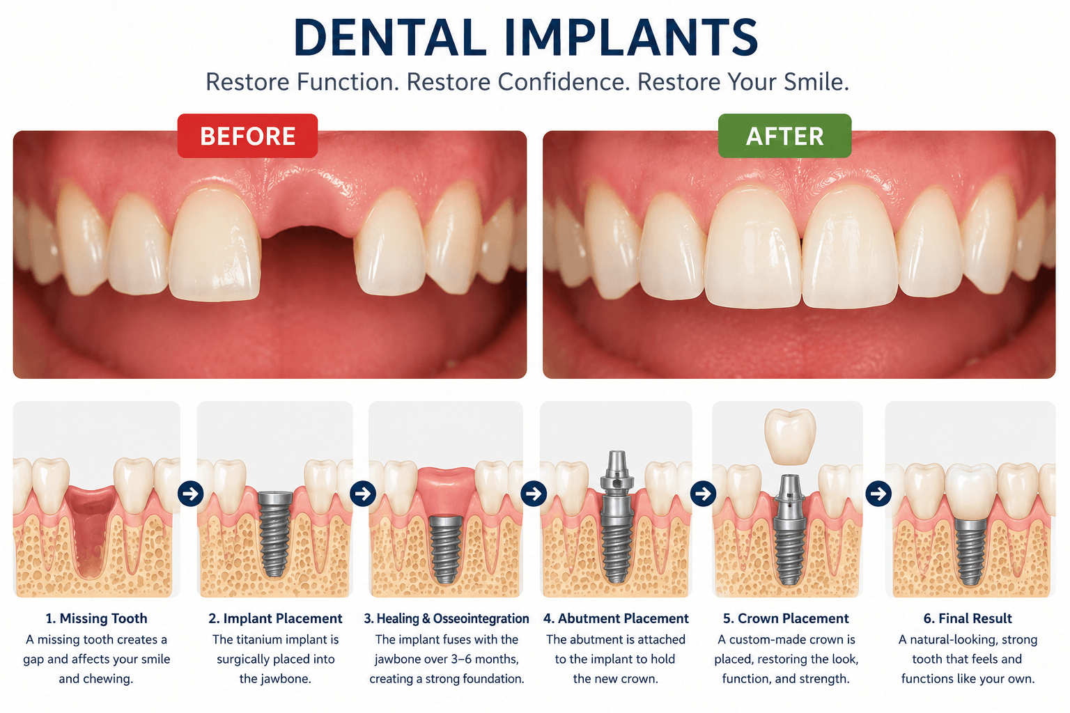 Dental implants before and after comparison and step-by-step implant procedure diagram