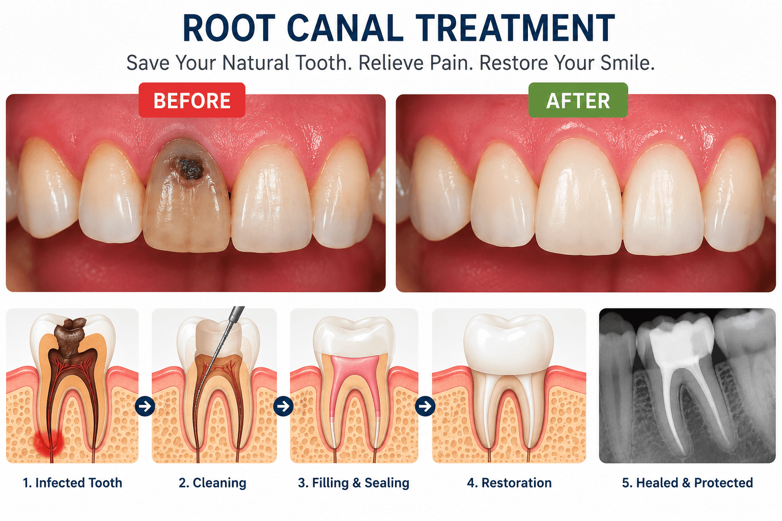Root canal treatment before and after comparison showing dental X-ray and restored molar tooth