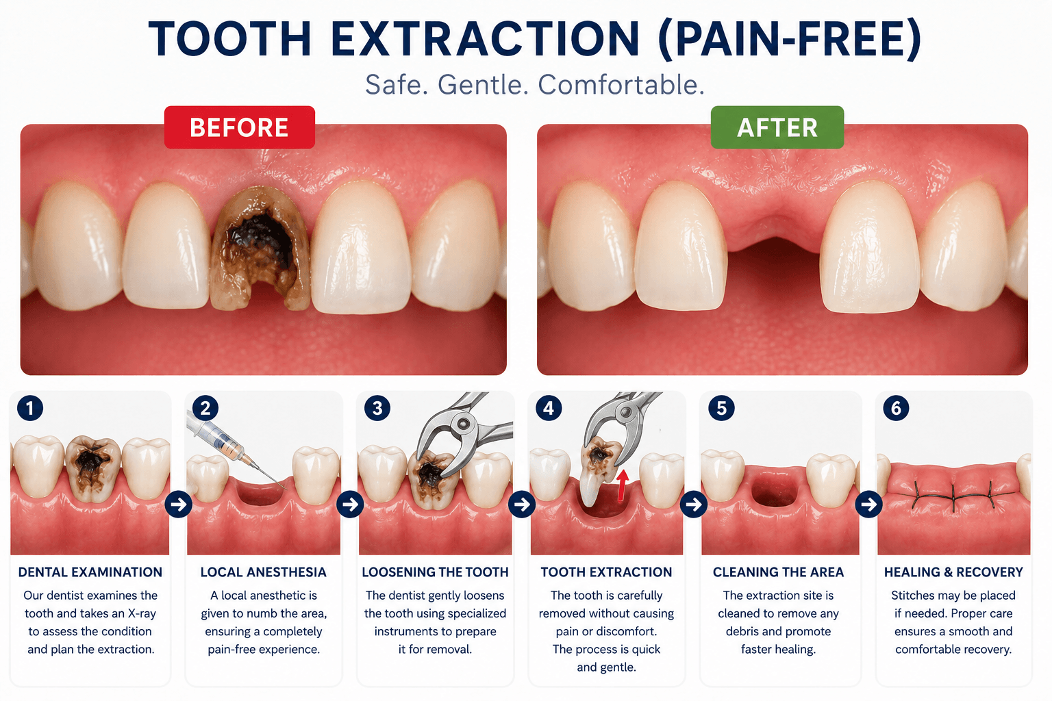 Pain-free tooth extraction before and after comparison and step-by-step extraction procedure